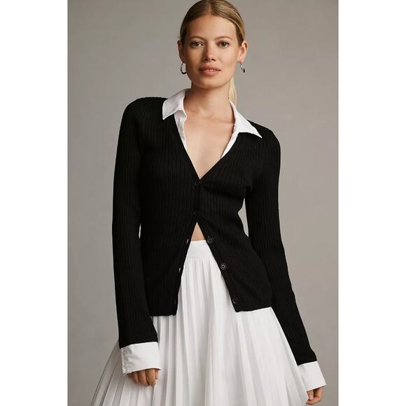 Maeve by Anthropologie Women’s Twofer Collared Rib Cardigan Sweater Size S Black - Picture 1 of 5